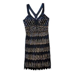 Sue Wong Nocturne Beaded Sequin Cocktail Dress Black Nude Art Deco Size 2